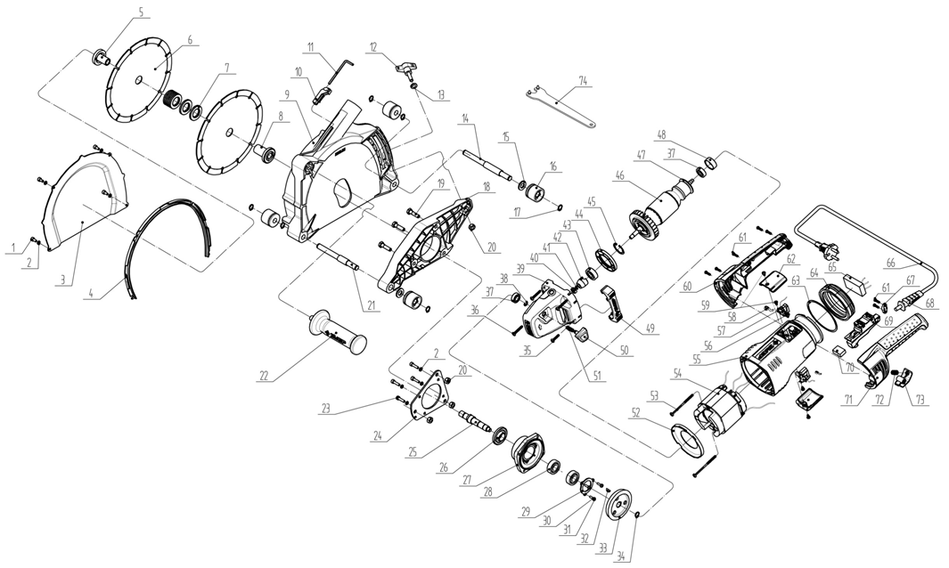 ЗУБР d 180 мм, 2100 Вт, 45 мм, штроборез (бороздодел), метал. ящик, Профессионал (ЗШ-П45-2100 ПВТК) - разборная схема